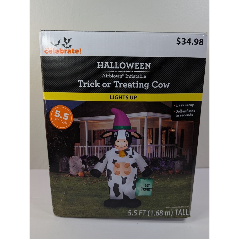 Light Up 5.5ft Cow Inflatable Halloween Trick or Treating Witch Hat Lawn Decor‎